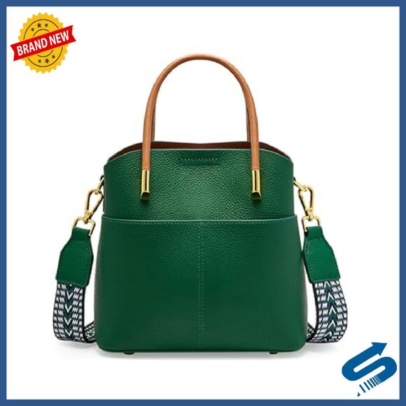 Genuine Leather Bucket Bag with 2 Straps, Spacious Shoulder Purse - Picture 2 of 8